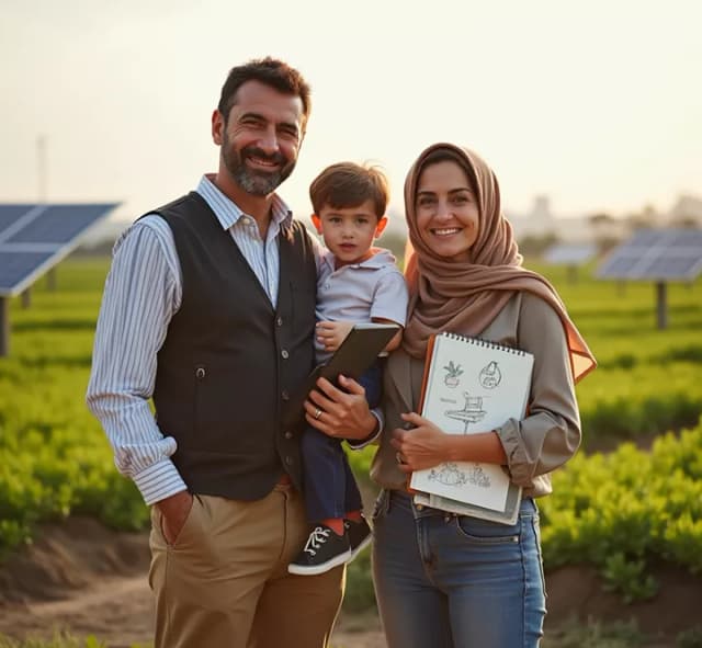 Happy family at solar farm
