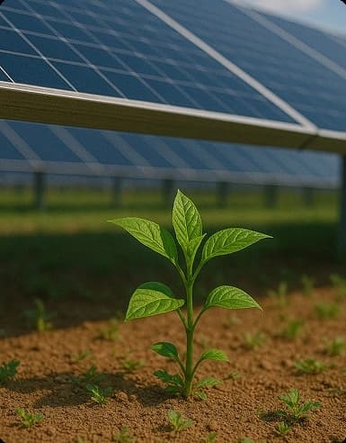 Plant in front of solar panels